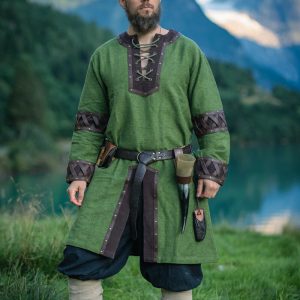 Tunica vikingská da uomo "Leif" con appliques in cuoio